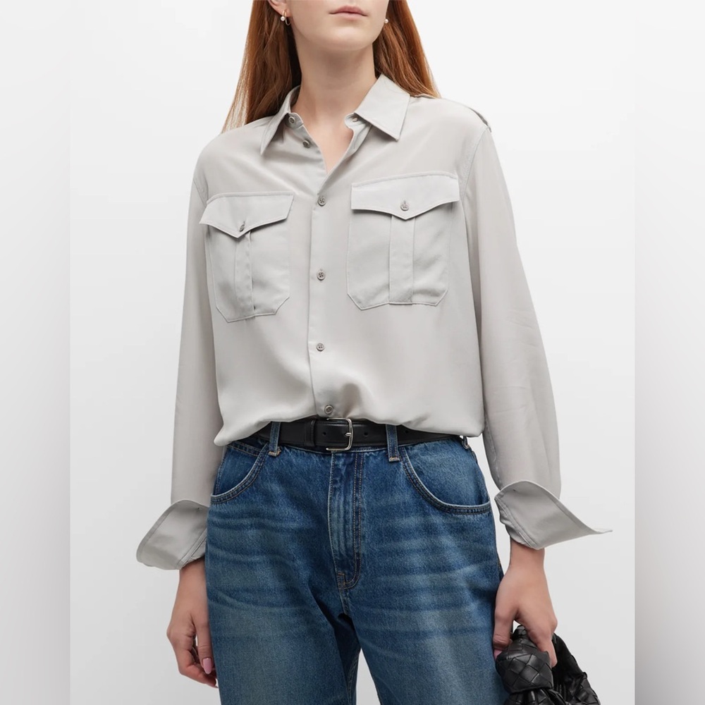 NWT Nili Lotan Jeanette Top Storm Grey Silk Blouse Luxury Designer Utilitarian M